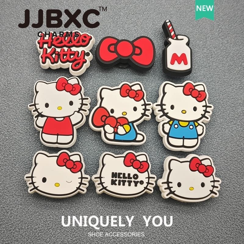 JJBXC ตัวติดรองเท้า charm การ์ตูนแมวน่ารัก สีแดง สีฟ้า พร้อมโบว์ แฟชั่น DIY สำหรับเด็กและผู้ใหญ่ อุปกรณ์ตกแต่งรองเท้า รูปที่ 1