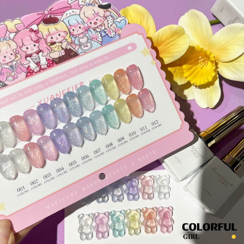XUANFEIER สีเจลแฟลช 12 สี สีทาเล็บเจลกลิตเตอร์ แถม ชาร์ทสี รูปที่ 1