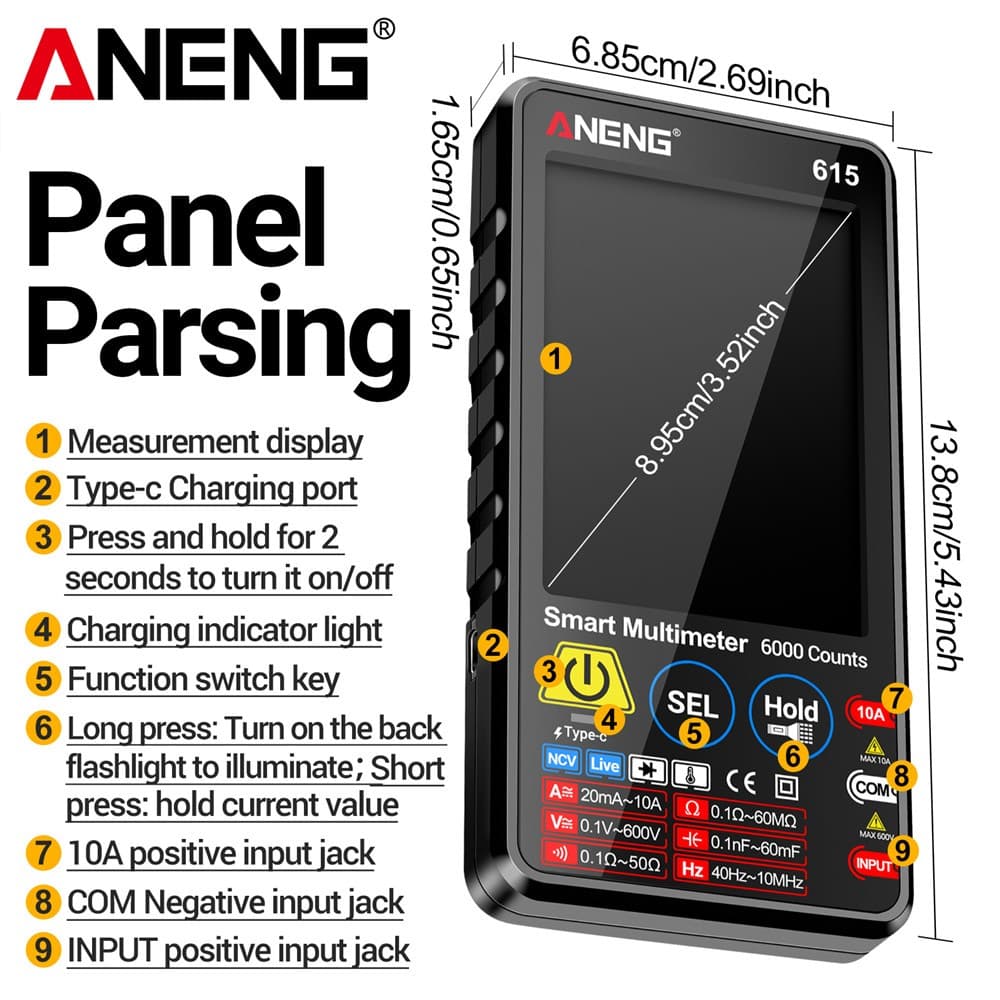 ANENG 615 เครื่องวัดสัมผัสอัจฉริยะ 6000 หลัก ตรวจวัดแรงดัน/กระแส AC/DC, ตรวจ NCV, ทดสอบชาร์จแบตเตอรี รูปที่ 2