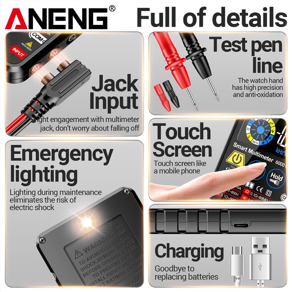 ANENG 615 เครื่องวัดสัมผัสอัจฉริยะ 6000 หลัก ตรวจวัดแรงดัน/กระแส AC/DC, ตรวจ NCV, ทดสอบชาร์จแบตเตอรี รูปที่ 3