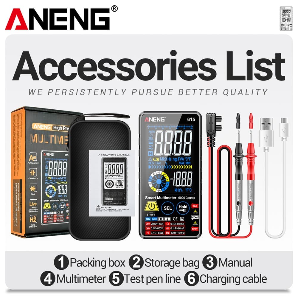 ANENG 615 เครื่องวัดสัมผัสอัจฉริยะ 6000 หลัก ตรวจวัดแรงดัน/กระแส AC/DC, ตรวจ NCV, ทดสอบชาร์จแบตเตอรี รูปที่ 9