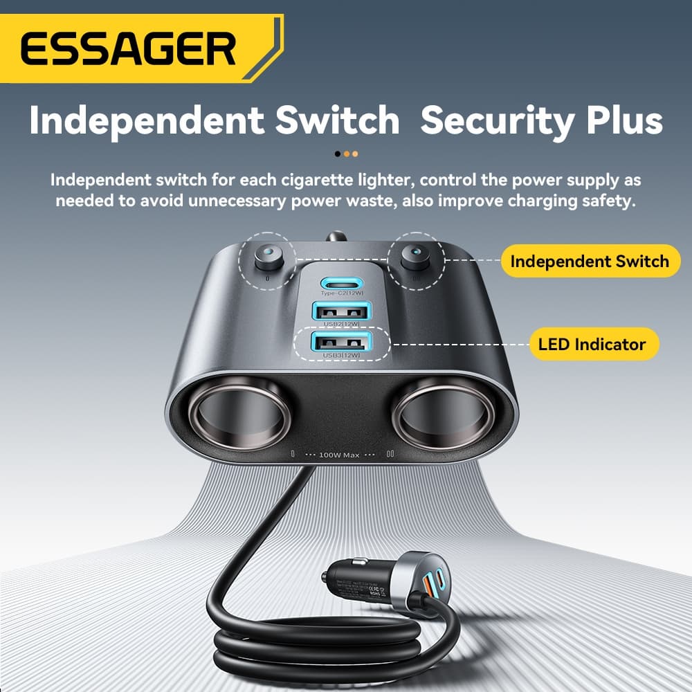 Essager 3 USB-A +2 Type-C Plug ที่ชาร์จแบตในรถ + 2 พอร์ตรถไฟแช็กร้อน PD30W Fast Charging รูปที่ 5