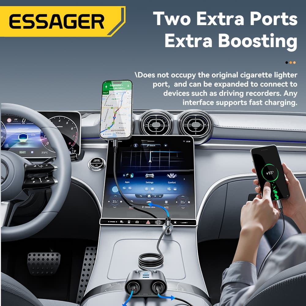 Essager 3 USB-A +2 Type-C Plug ที่ชาร์จแบตในรถ + 2 พอร์ตรถไฟแช็กร้อน PD30W Fast Charging รูปที่ 2