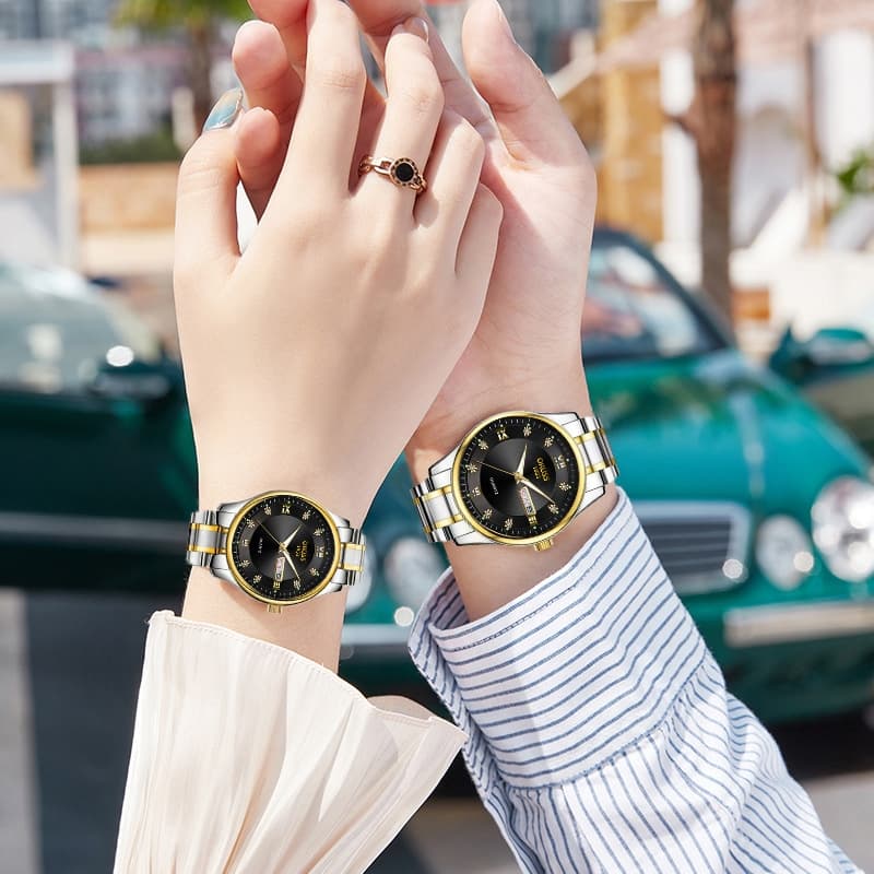 ORUSS Original 2 ชิ้นคู่สแตนเลสสีแดง Dial Dual ปฏิทินหรูหรากันน้ํา Luminous นาฬิกาแฟชั่นเกาหลีรุ่นนาฬิกาควอตซ์ รูปที่ 9