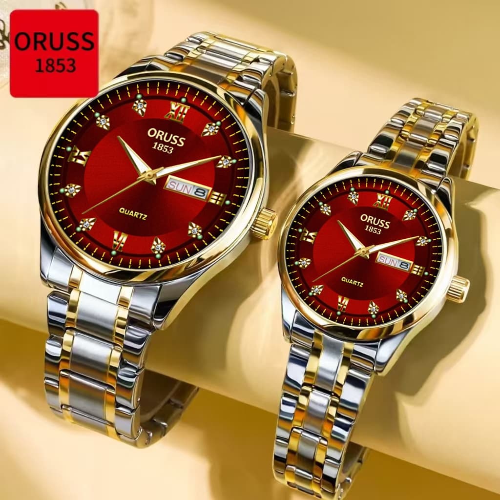 ORUSS Original 2 ชิ้นคู่สแตนเลสสีแดง Dial Dual ปฏิทินหรูหรากันน้ํา Luminous นาฬิกาแฟชั่นเกาหลีรุ่นนาฬิกาควอตซ์