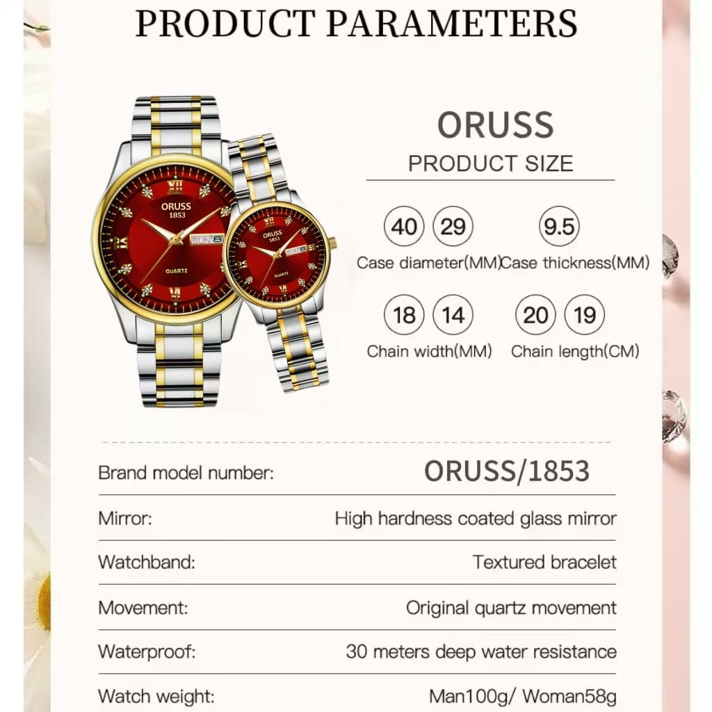 ORUSS Original 2 ชิ้นคู่สแตนเลสสีแดง Dial Dual ปฏิทินหรูหรากันน้ํา Luminous นาฬิกาแฟชั่นเกาหลีรุ่นนาฬิกาควอตซ์ รูปที่ 3