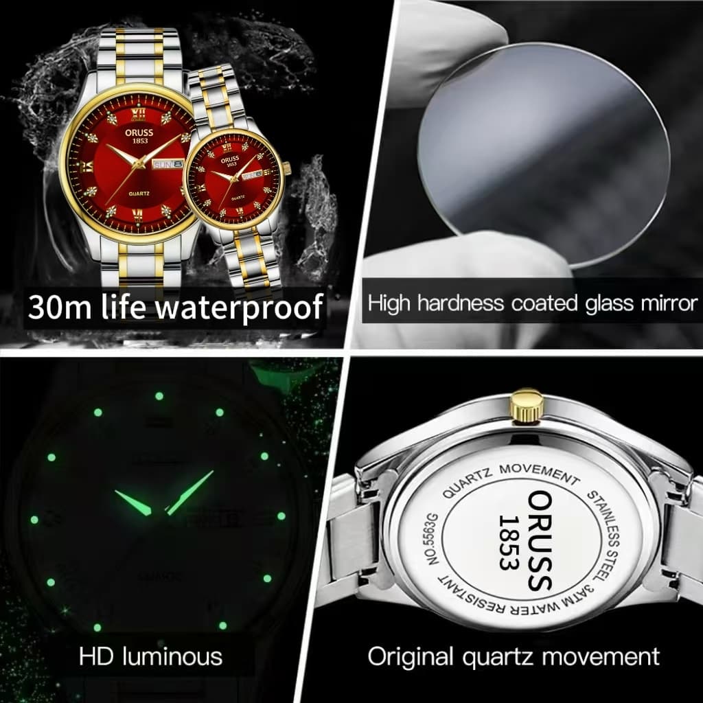 ORUSS Original 2 ชิ้นคู่สแตนเลสสีแดง Dial Dual ปฏิทินหรูหรากันน้ํา Luminous นาฬิกาแฟชั่นเกาหลีรุ่นนาฬิกาควอตซ์ รูปที่ 2