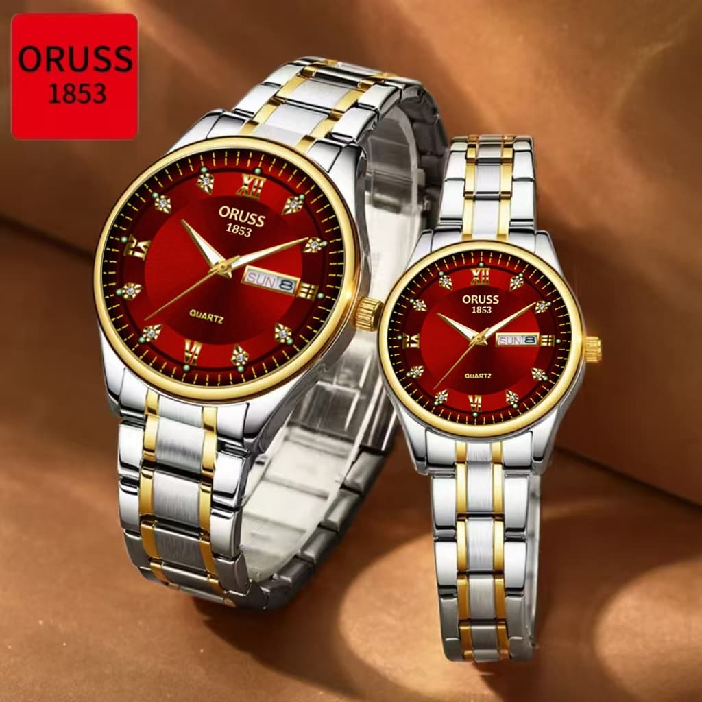 ORUSS Original 2 ชิ้นคู่สแตนเลสสีแดง Dial Dual ปฏิทินหรูหรากันน้ํา Luminous นาฬิกาแฟชั่นเกาหลีรุ่นนาฬิกาควอตซ์ รูปที่ 5