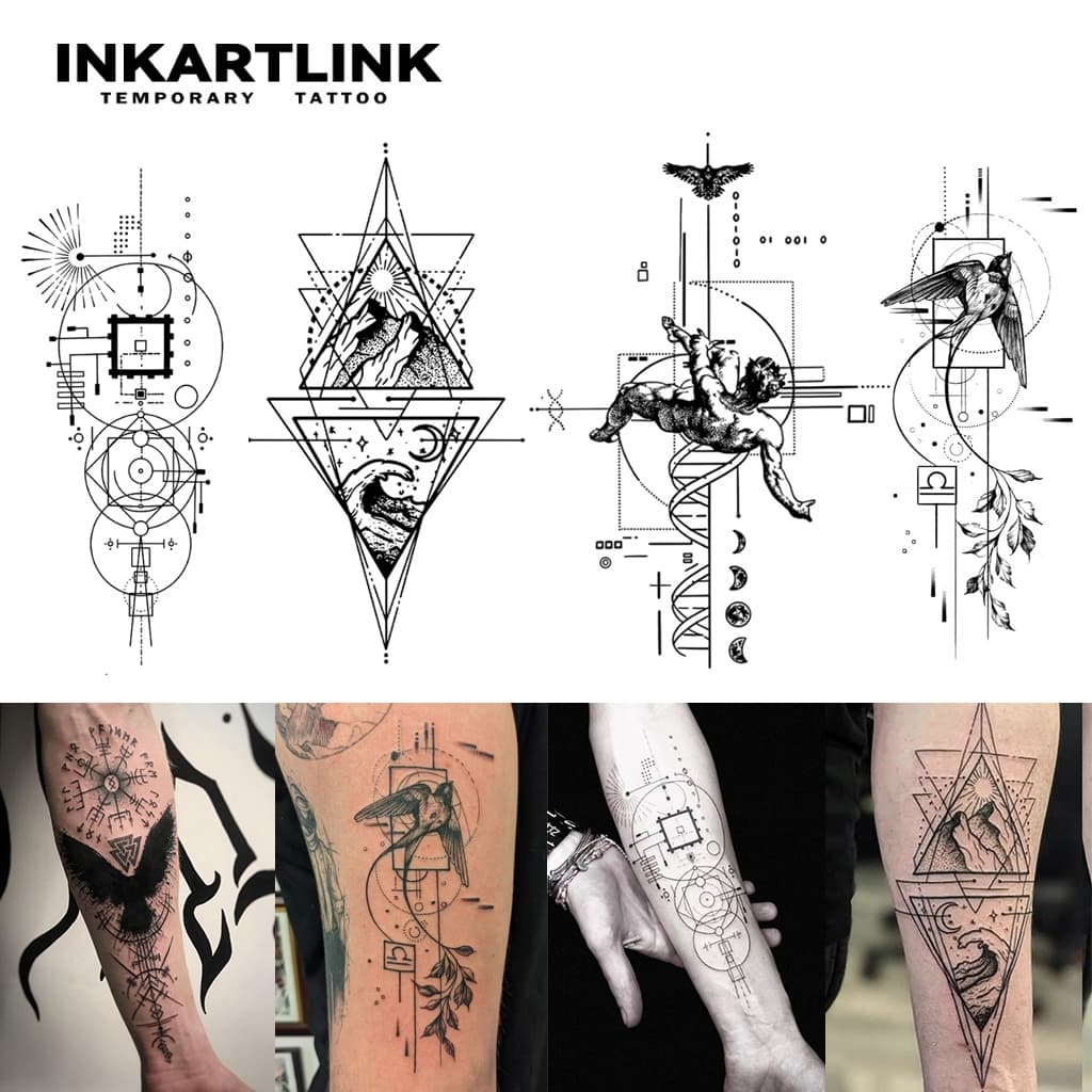 Inkartlink Long Minimal Lines Arm สติ๊กเกอร์รอยสักชั่วคราวสําหรับผู้ชาย, Big Waterproof Long-lasting Hand Magic Tattoo, Lasts ถึง 15 วันสักปลอม, ชุดสักกึ่งถาวร รูปที่ 1