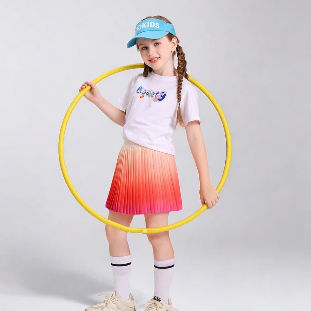 Pitidrogo Girls Feather Ombre จีบ Skort กระโปรงเด็กพร้อมกางเกงขาสั้นนิรภัยในตัว รูปที่ 5