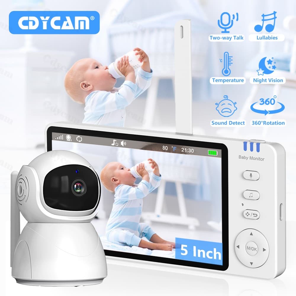 5.0 นิ้ว Baby Monitor ABM570 วิดีโอไร้สายหน้าจอ IPS พร้อม 4X ซูม Nanny PTZ กล้อง 2 ทิศทางเสียง Lullaby กล้อง Babysitter Night Vision Security