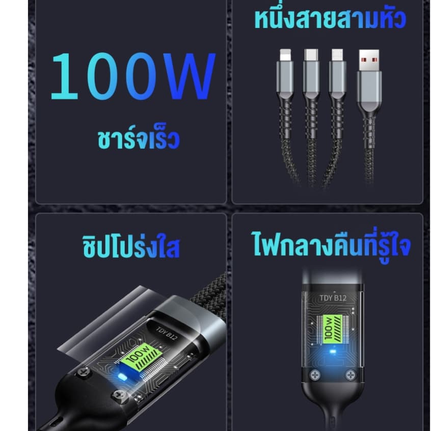 PD 100W สายชาร์จเร็ว 3in1 จอแสดงผลดิจิทัล แบบใส ชาร์จเร็ว สายเคเบิลข้อมูล Quick Charging Cable สำหรับ Micro/Type-C/lOS รูปที่ 8