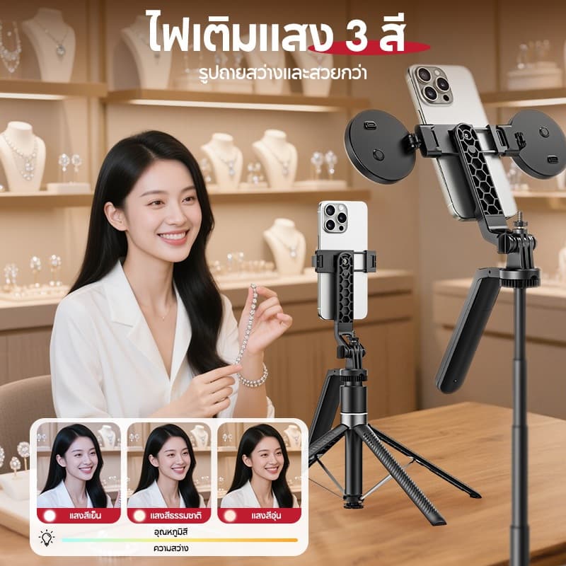 MODOFO ไม้เซลฟี่ ขาตั้งกล้องมือถือถ่ายคลิป Selfie Stick ขาตั้งโทรศัพท์เซลฟี่ รีโมทบลูทูธในตัว 180CM หมุนได้360องศา พร้อมไฟ LED รูปที่ 2