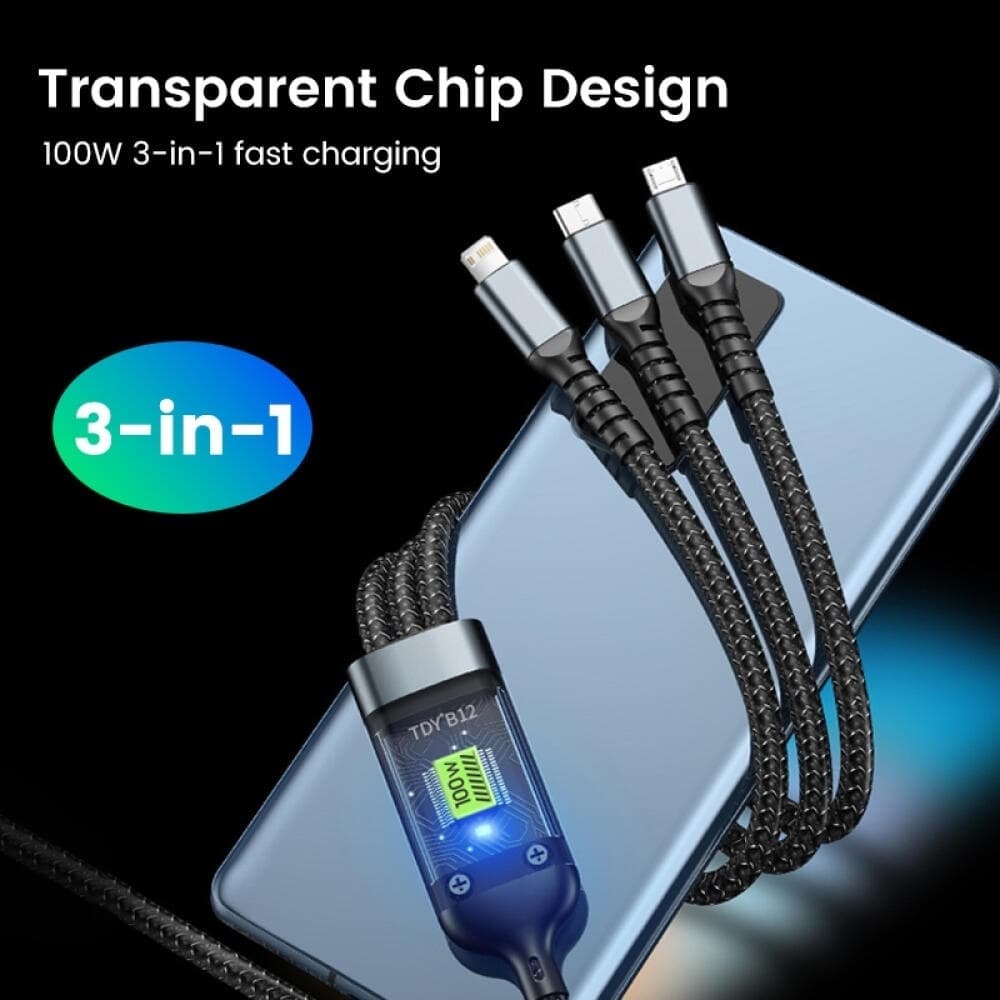 PD 100W สายชาร์จเร็ว 3in1 จอแสดงผลดิจิทัล แบบใส ชาร์จเร็ว สายเคเบิลข้อมูล Quick Charging Cable สำหรับ Micro/Type-C/lOS รูปที่ 6