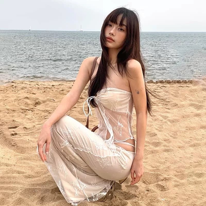 จากไทย ชุดเซตลูกไม้ซีทรู เซ็กซี่ เสื้อเกาะอก + กระโปรงยาว แฟชั่นฤดูร้อน ใส่เที่ยวทะเล รูปที่ 3