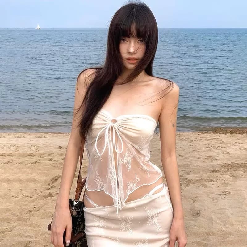 จากไทย ชุดเซตลูกไม้ซีทรู เซ็กซี่ เสื้อเกาะอก + กระโปรงยาว แฟชั่นฤดูร้อน ใส่เที่ยวทะเล รูปที่ 2