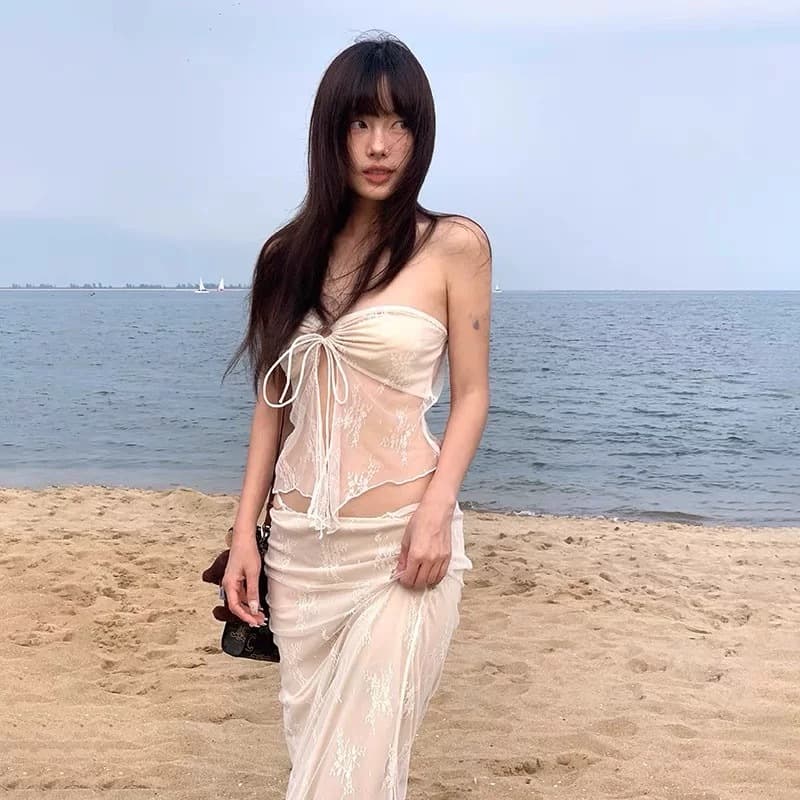 จากไทย ชุดเซตลูกไม้ซีทรู เซ็กซี่ เสื้อเกาะอก + กระโปรงยาว แฟชั่นฤดูร้อน ใส่เที่ยวทะเล รูปที่ 4