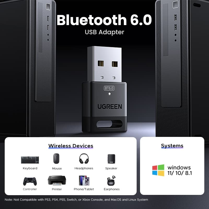 UGREEN อะแดปเตอร์รับส่งสัญญาณ USB บลูทูธ 5.0 5.3 EDR Dongle สําหรับหูฟังบลูทูธไร้สาย PC รูปที่ 2