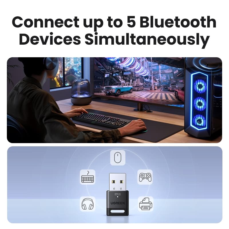 UGREEN อะแดปเตอร์รับส่งสัญญาณ USB บลูทูธ 5.0 5.3 EDR Dongle สําหรับหูฟังบลูทูธไร้สาย PC รูปที่ 4