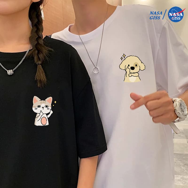 NASA เสื้อยืดแขนสั้น หญิงชาย สไตล์ลำลอง เสื้อน่ารัก summer พิมพ์ลาย"ลูกแมวและลูกสุนัข"เสื้อยืด cotton ทรงหลวม คอกลม เสื้อยืดคู่ รูปที่ 1