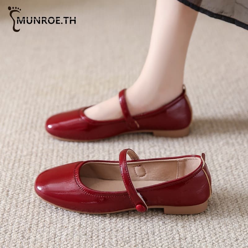 Munroe รองเท้าแมรี่เจน สไตล์ใหม่ สีทึบ สีแดงและครีม เวอร์ชั่นเกาหลี ส้นต่ำ รองเท้าสตรี รูปที่ 3