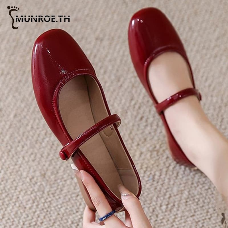 Munroe รองเท้าแมรี่เจน สไตล์ใหม่ สีทึบ สีแดงและครีม เวอร์ชั่นเกาหลี ส้นต่ำ รองเท้าสตรี รูปที่ 8