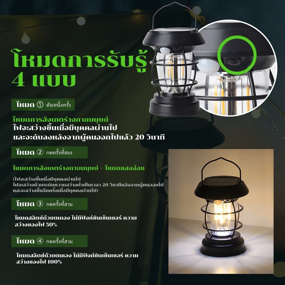 SEEDIQ ไฟแคมป์ปิ้งโซล่าเซลล์ 3 โหมด Solar and USB Rechargeable ดีไซน์ย้อนยุค แสงสว่างฉุกเฉิน รูปที่ 7