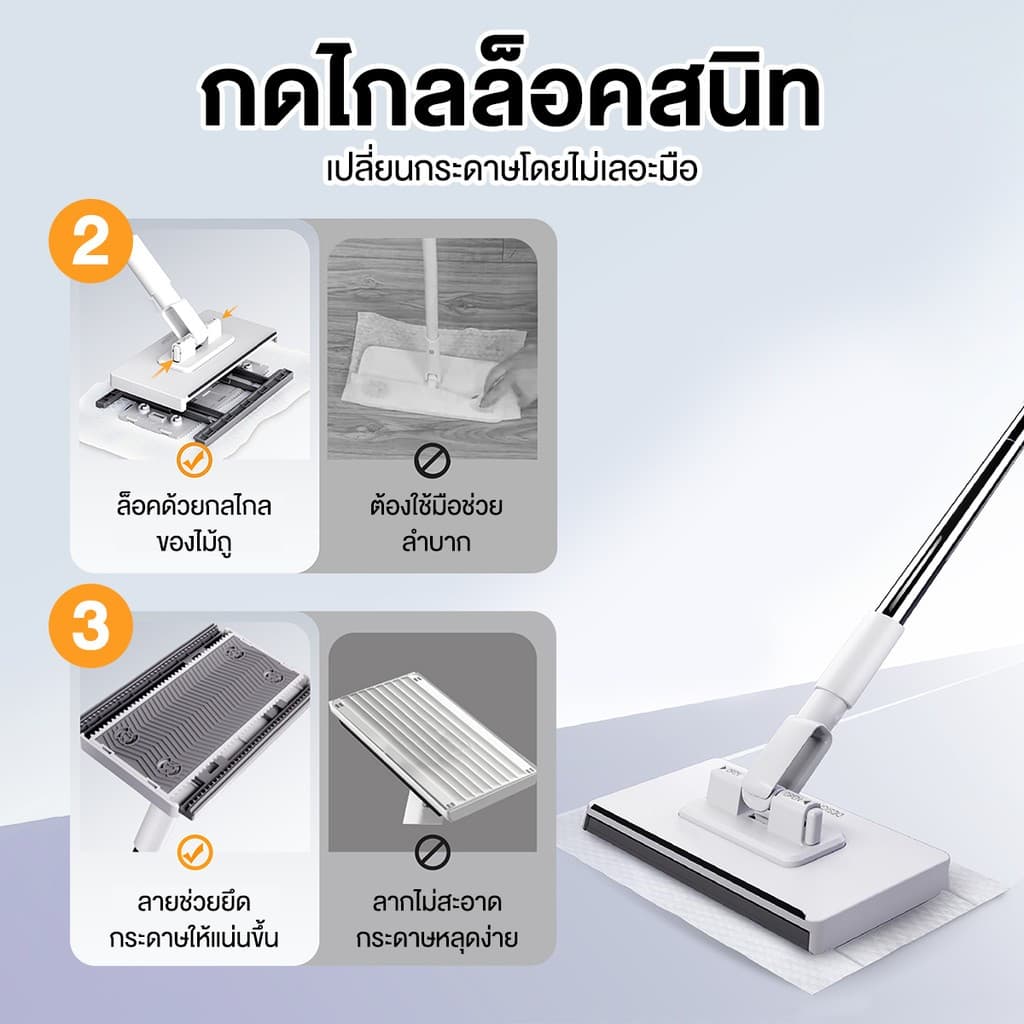 แถมผ้าเช็ดฟรี ไม้ถูพื้น ผ้าถูพื้นแบบเปียก ไม้ม็อบดันฝุ่น ไม้ถูพื้นแบน lazy mop หมุนได้ 360 องศา หมุนเพื่อทำความสะอาด สามารถใช้กับผ้าเช็ดหน้าและเสื้อผ้าเก่าได้ 100cm Clean รูปที่ 4