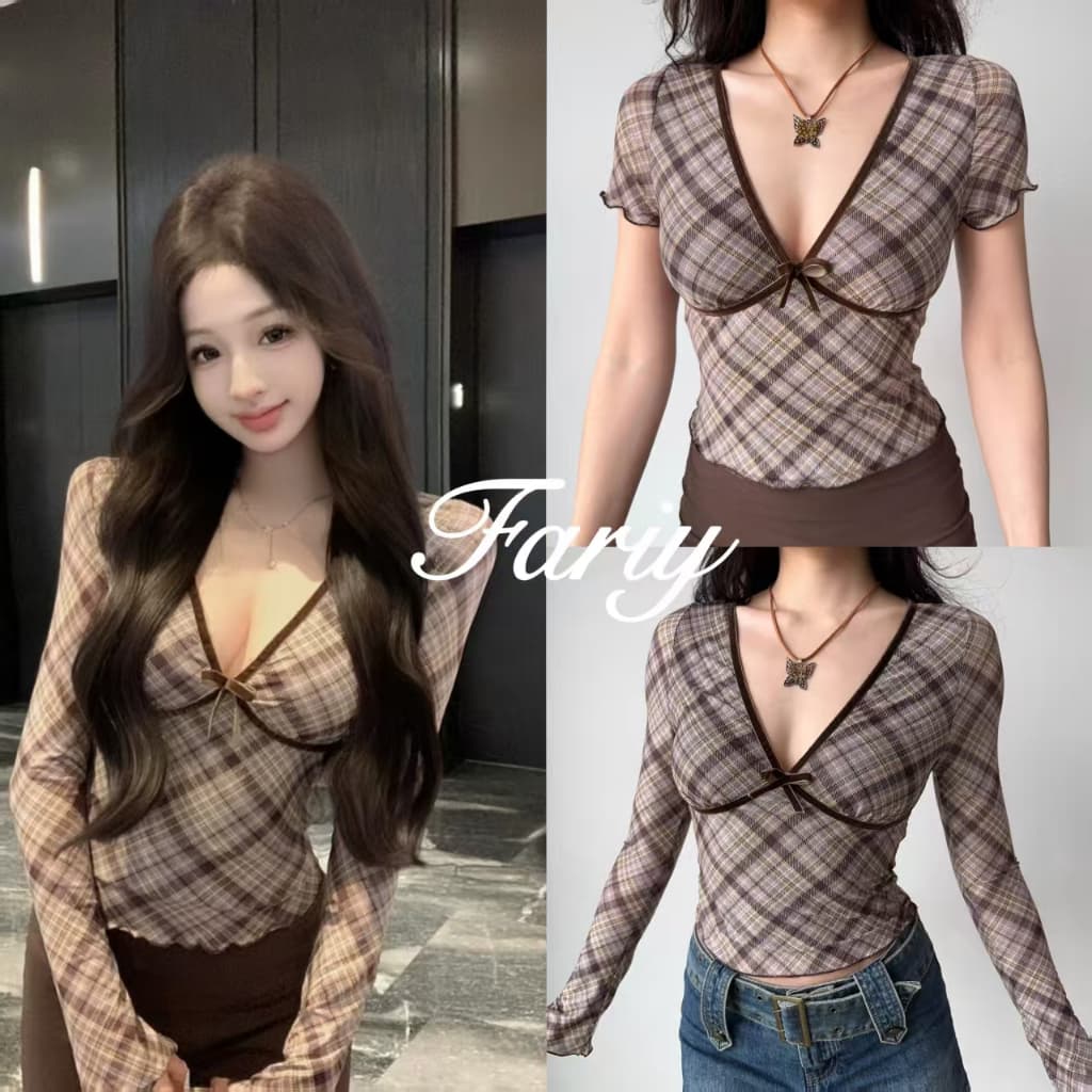 Fariyคลังสินค้าพร้อม เสื้อยืดแขนสั้นคอวีลึกลายสก็อตสไตล์ยุโรปและอเมริกันย้อนยุคสำหรับผู้หญิง ทรงเข้ารูปและเสื้อตัวสั้น รูปที่ 1