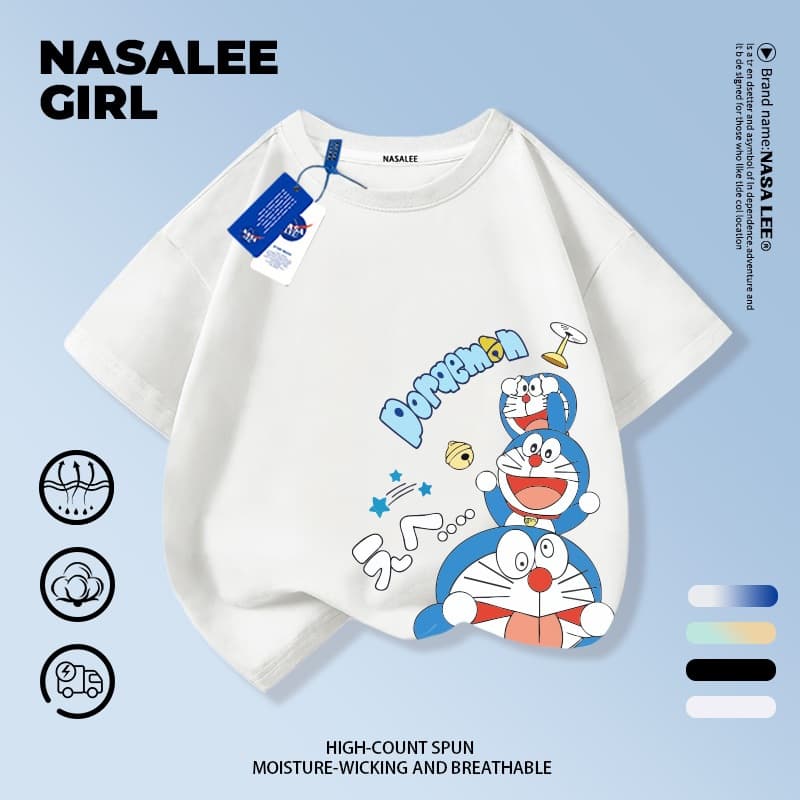 NASA เสื้อยืดแขนสั้นลายทางสีฟ้าและขาวผ้าฝ้ายแท้ลายโดราเอมอนสำหรับเด็กชายและเด็กหญิง รุ่นใหม่ 2025 เสื้อผ้าลำลองสบายผิวและเหมาะกับฤดูร้อน รูปที่ 3
