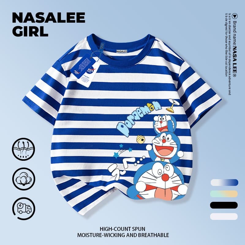 NASA เสื้อยืดแขนสั้นลายทางสีฟ้าและขาวผ้าฝ้ายแท้ลายโดราเอมอนสำหรับเด็กชายและเด็กหญิง รุ่นใหม่ 2025 เสื้อผ้าลำลองสบายผิวและเหมาะกับฤดูร้อน รูปที่ 2