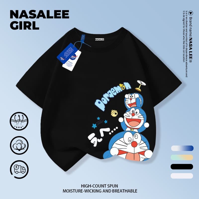 NASA เสื้อยืดแขนสั้นลายทางสีฟ้าและขาวผ้าฝ้ายแท้ลายโดราเอมอนสำหรับเด็กชายและเด็กหญิง รุ่นใหม่ 2025 เสื้อผ้าลำลองสบายผิวและเหมาะกับฤดูร้อน รูปที่ 4