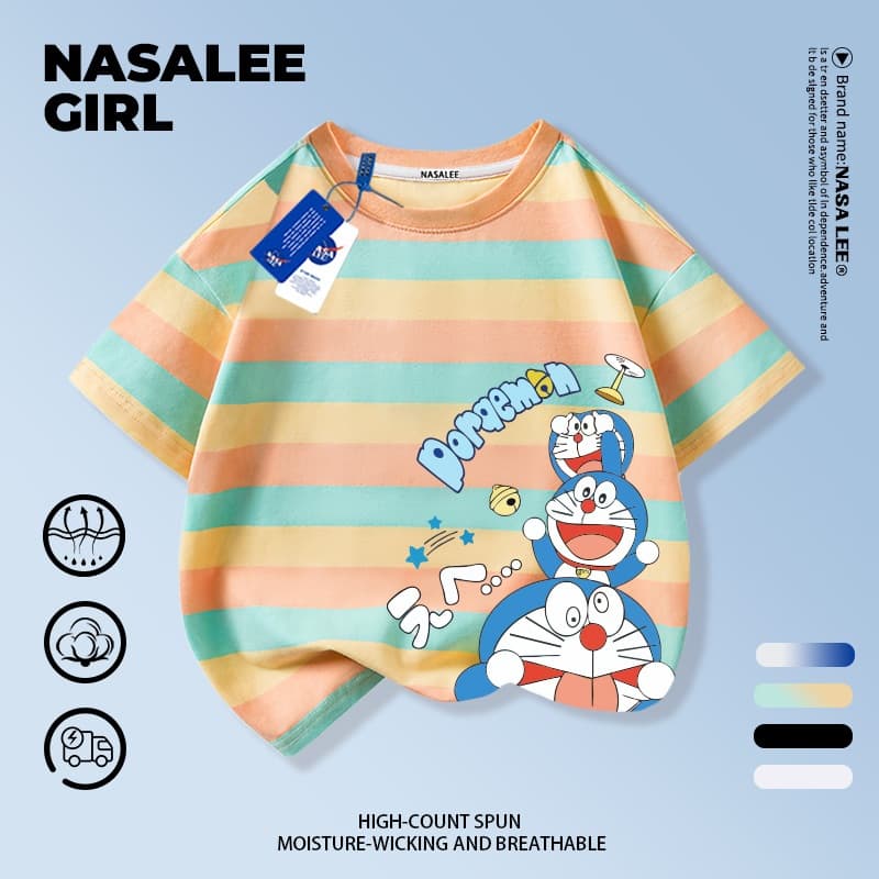 NASA เสื้อยืดแขนสั้นลายทางสีฟ้าและขาวผ้าฝ้ายแท้ลายโดราเอมอนสำหรับเด็กชายและเด็กหญิง รุ่นใหม่ 2025 เสื้อผ้าลำลองสบายผิวและเหมาะกับฤดูร้อน รูปที่ 7
