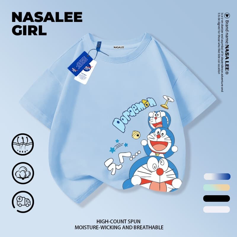 NASA เสื้อยืดแขนสั้นลายทางสีฟ้าและขาวผ้าฝ้ายแท้ลายโดราเอมอนสำหรับเด็กชายและเด็กหญิง รุ่นใหม่ 2025 เสื้อผ้าลำลองสบายผิวและเหมาะกับฤดูร้อน รูปที่ 1