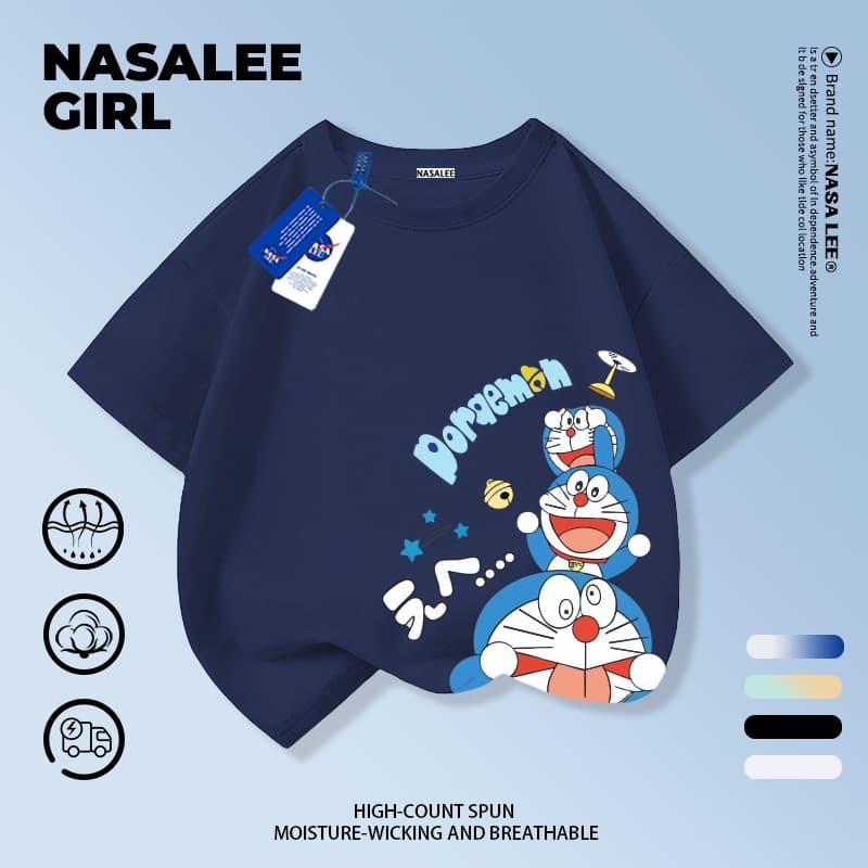 NASA เสื้อยืดแขนสั้นลายทางสีฟ้าและขาวผ้าฝ้ายแท้ลายโดราเอมอนสำหรับเด็กชายและเด็กหญิง รุ่นใหม่ 2025 เสื้อผ้าลำลองสบายผิวและเหมาะกับฤดูร้อน รูปที่ 6