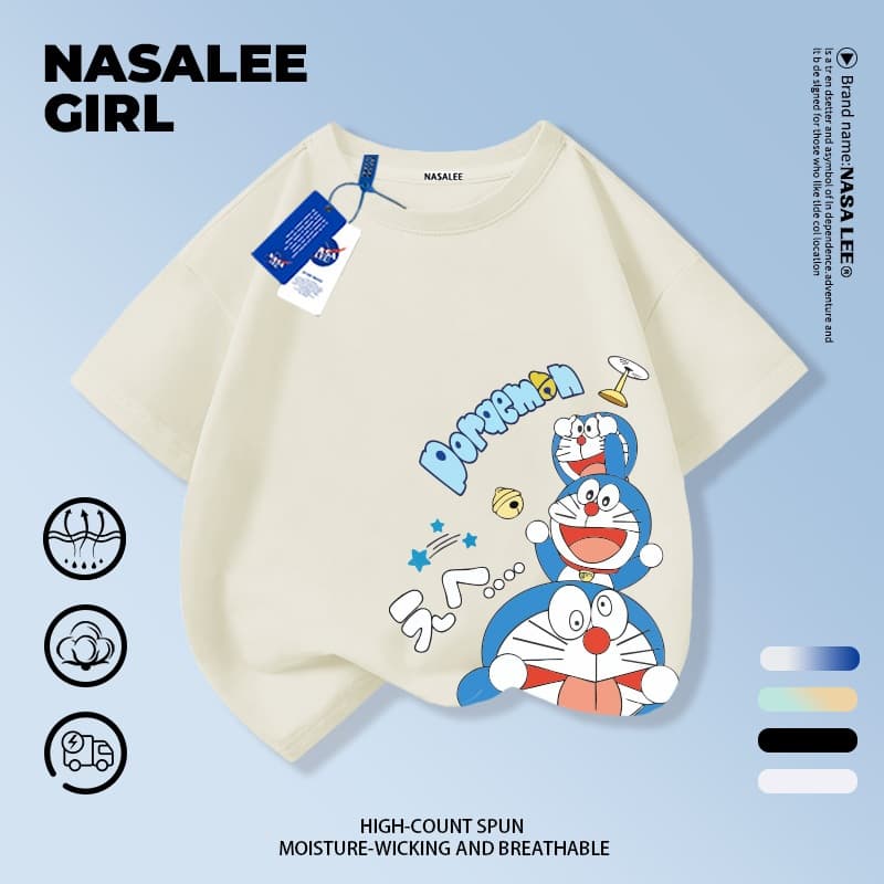 NASA เสื้อยืดแขนสั้นลายทางสีฟ้าและขาวผ้าฝ้ายแท้ลายโดราเอมอนสำหรับเด็กชายและเด็กหญิง รุ่นใหม่ 2025 เสื้อผ้าลำลองสบายผิวและเหมาะกับฤดูร้อน รูปที่ 5