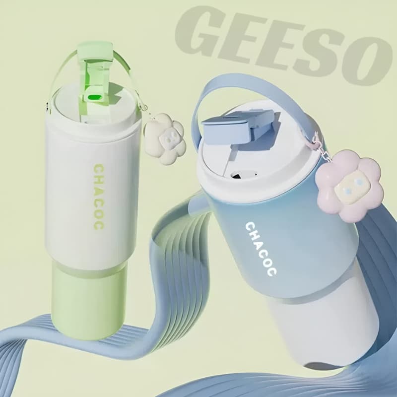 GEESO ถ้วยเก็บอุณหภูมิ ถ้วยน้ําถ้วยกาแฟฟางแบบพกพา 304 สแตนเลส สไตล์เรียบง่าย 600/900มล Tumbler 304 Stainless Steel Thermos Water Bottle With Handle 多巴胺保温杯 รูปที่ 6