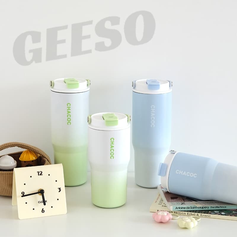 GEESO ถ้วยเก็บอุณหภูมิ ถ้วยน้ําถ้วยกาแฟฟางแบบพกพา 304 สแตนเลส สไตล์เรียบง่าย 600/900มล Tumbler 304 Stainless Steel Thermos Water Bottle With Handle 多巴胺保温杯 รูปที่ 2