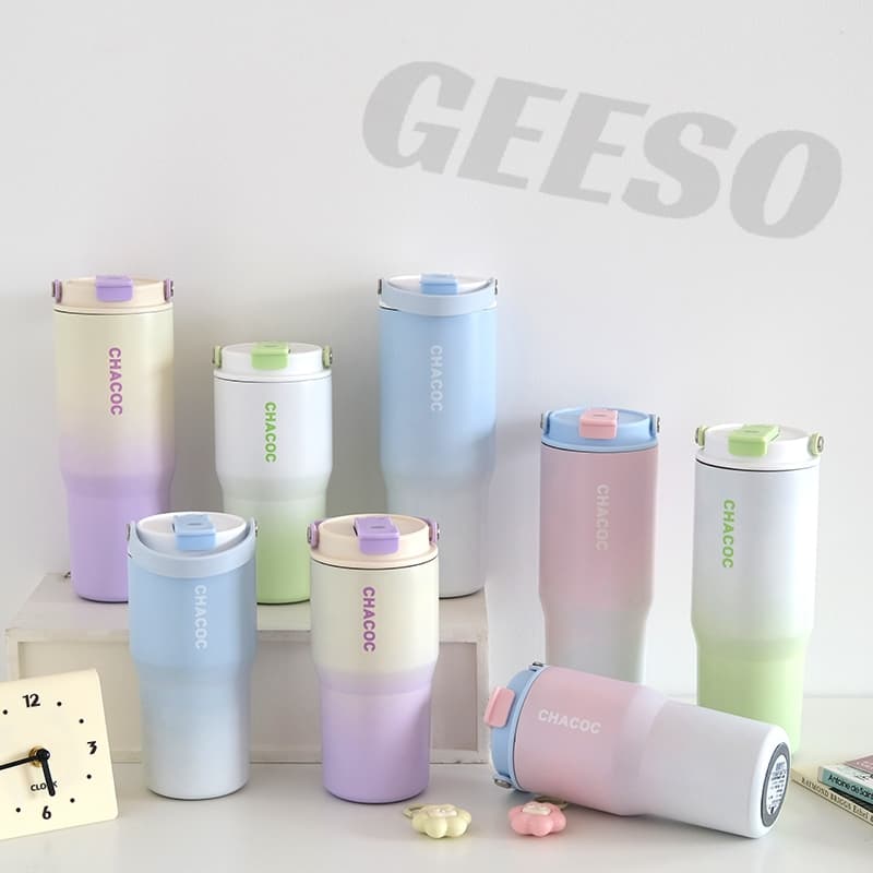 GEESO ถ้วยเก็บอุณหภูมิ ถ้วยน้ําถ้วยกาแฟฟางแบบพกพา 304 สแตนเลส สไตล์เรียบง่าย 600/900มล Tumbler 304 Stainless Steel Thermos Water Bottle With Handle 多巴胺保温杯 รูปที่ 5