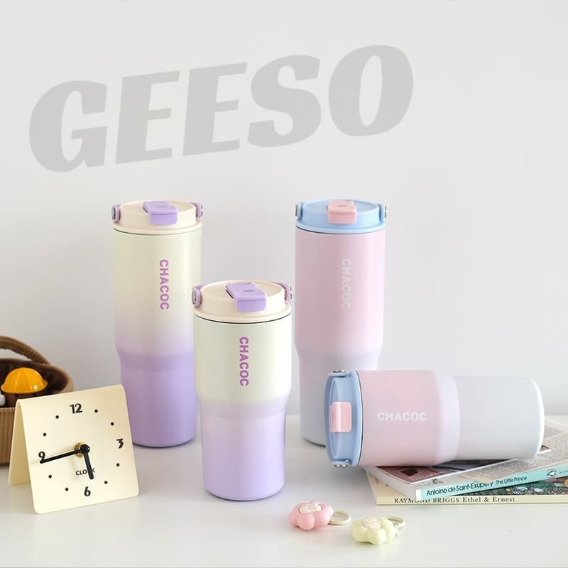 GEESO ถ้วยเก็บอุณหภูมิ ถ้วยน้ําถ้วยกาแฟฟางแบบพกพา 304 สแตนเลส สไตล์เรียบง่าย 600/900มล Tumbler 304 Stainless Steel Thermos Water Bottle With Handle 多巴胺保温杯 รูปที่ 8