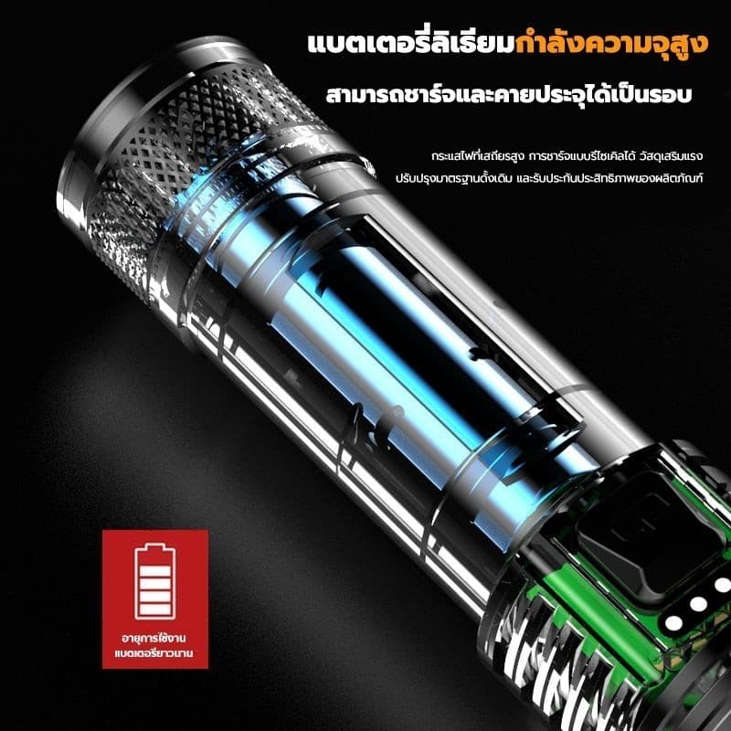 KIRA กันน้ํา ไฟฉาย Led เดินป่า ไฟฉายพกพา ชาร์จไฟได้ ไฟฉายแบบซูมได้ รูปที่ 6