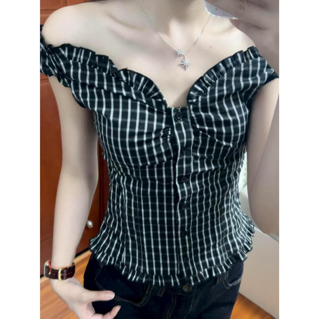 Fariyคลังสินค้าพร้อม เสื้อเชิ้ตลายสก็อตสีดำสไตล์เรโทรสุดฮอตสำหรับผู้หญิง ทรงสั้นเปิดไหล่ ทรงเข้ารูปช่วงเอว รูปที่ 9