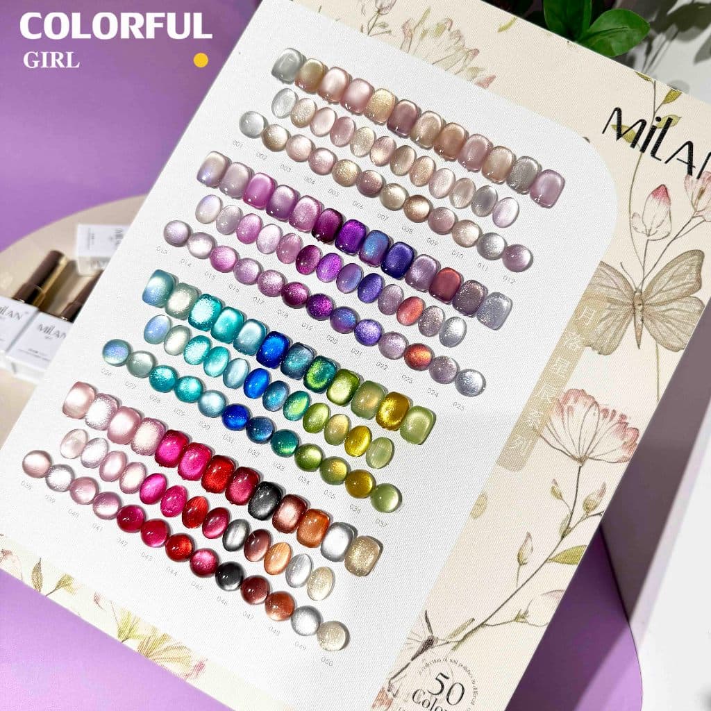 MILAN 50 สี สีเจลแคทอายเนื้อซาติน + สีเจลแคทอายลูกแก้ว ครบเซ็ต 50 สี สีสวยแน่นชัด ติดทนนาน เงางามประกายหรูหรา เหมาะสำหรับร้านทำเล็บมืออาชีพและใช้ส่วนตัว แถมฟรีชาร์ทสี Cat Eye 50 สี รูปที่ 1