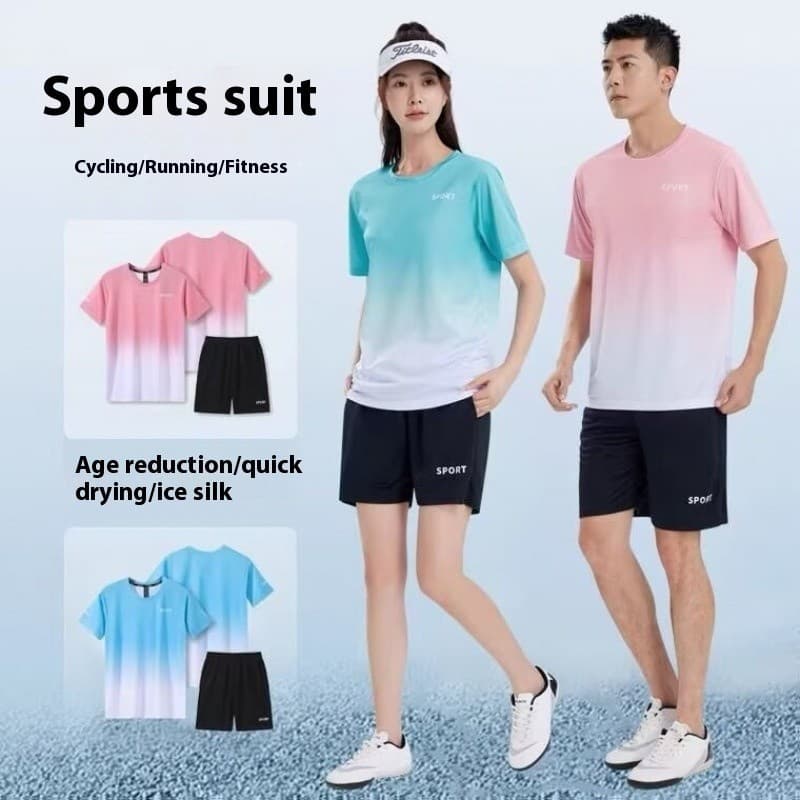 MANSTR M-5XL ฤดูร้อนใหม่ Unisex แห้งเร็วแฟชั่นไล่โทนสีพิมพ์กีฬากลางแจ้งชุดผ้าไหมน้ําแข็ง Dri-fit All-match เสื้อยืดและกางเกงขาสั้นสําหรับผู้ชายผู้หญิง รูปที่ 6