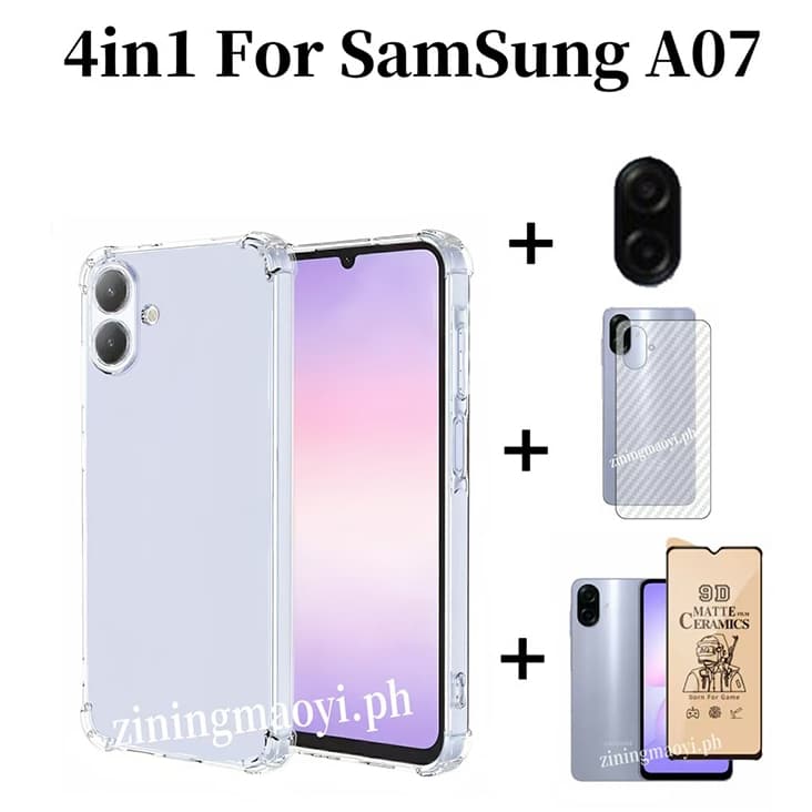 4in1 Samsung Galaxy A07 A17 เคสโทรศัพท์โปร่งใสแบบนุ่มกันกระแทกสําหรับSamsung Galaxy A06 A56 A26 A36 A16 A05 ฟิล์มเมมเบรนเซรามิกและฟิล์มเลนส์และฟิล์มด้านหลัง รูปที่ 1