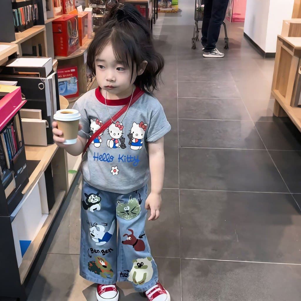 SweetKids จากกทมชุดน่ารักเด็กผู้หญิงชุดสองชิ้นแฟชั่นเด็ก เสื้อยืดคอกลม+กางเกงยีนส์ขายาว สไตล์เกาหลีสุดๆ เนื้อนุ่ม ใส่สวย รูปที่ 5
