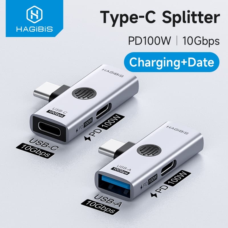 อะแดปเตอร์ Hagibis USB C 1 in 2 Out Splitter พร้อมการถ่ายโอนข้อมูล 10Gbps PD100W พอร์ตชาร์จ USB C ถึงหูฟังตัวแปลง OTG สําหรับโทรศัพท์/แล็ปท็อป/แท็บเล็ต/สวิตช์ รูปที่ 1
