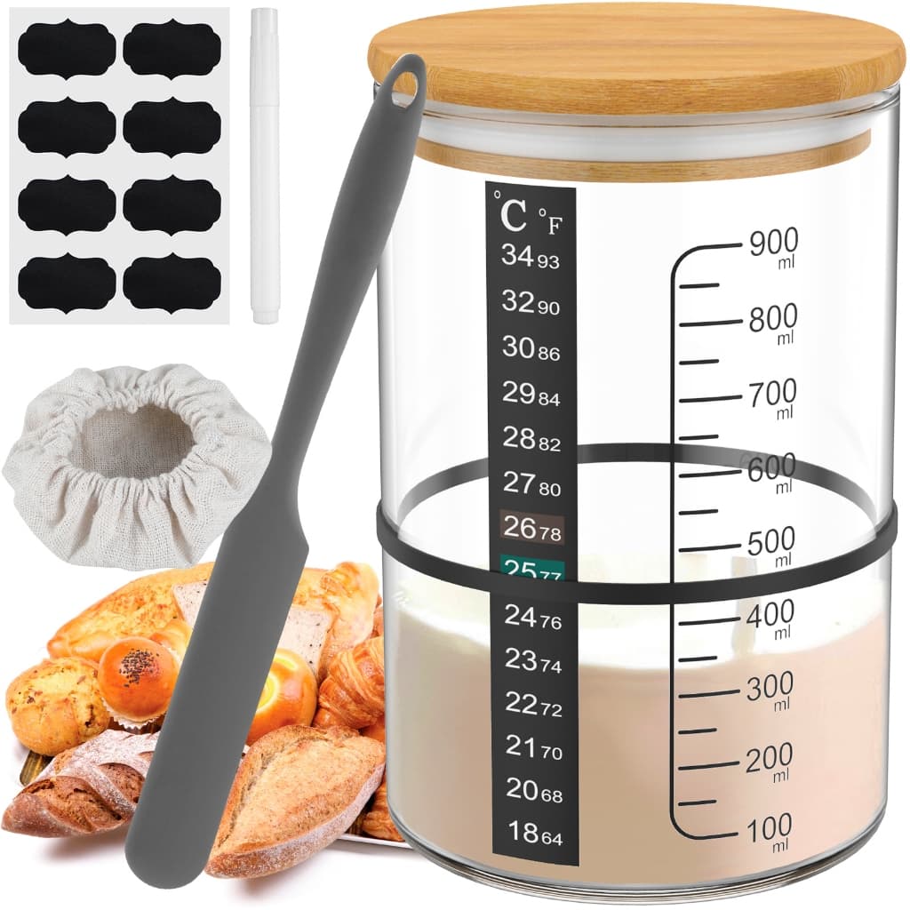 900ML Sourdough Starter Jar Kit Sourdough Starter Kit 30oz แก้วใส ถ้วยปากกว้างพร้อมฝาปิดไม้ รูปที่ 2