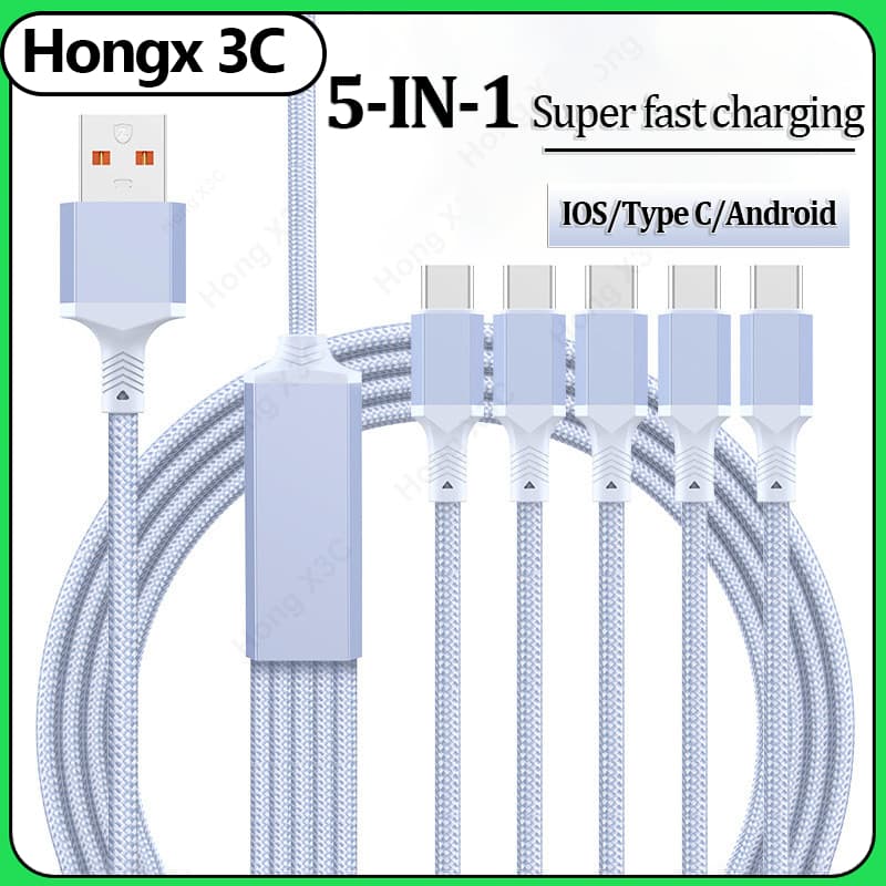 5-in-1 100W Super Fast ชาร์จไนลอนถักข้อมูล USB ถึง iOS/Android/Type C อลูมิเนียม 0.5 M/1.2 M/2 M Fast Charging Data Cable เหมาะสําหรับ iOS 15/16 รูปที่ 1