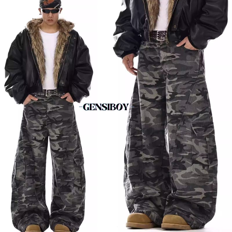 Gensiboy-กางเกงยีนส์ผู้ชาย แนววินเทจอเมริกันลายพราง กระบอกใหญ่ ทรงตรง ทรงหลวม ขากว้าง M-3XL รูปที่ 1